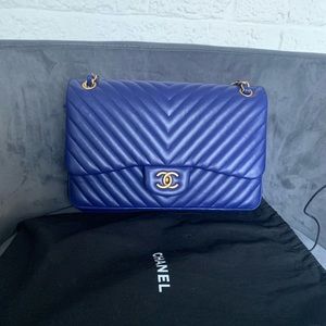 Chanel blue chevron lambskin double flap chain coco quilted gold GHW Jumbo